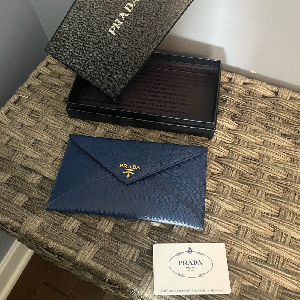PRADA Blue Vitello Move Envelope Clutch - NEW